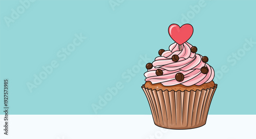 Delicious cupcake with pink swirl frosting and a small red heart on top is perfect for celebrations and romantic themes.