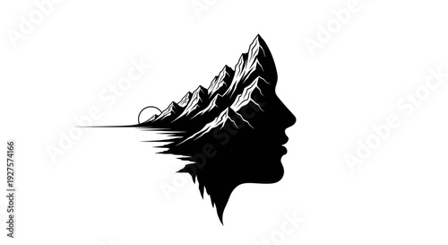 Double exposure silhouette of a human face profile merged with a rugged mountain range and rising sun