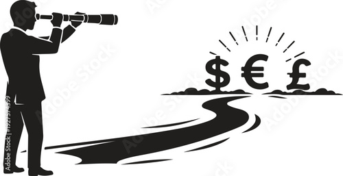 Business Vision Financial Opportunity Concept, Businessman Looking Global Currency Symbols Dollar Euro Pound Silhouette