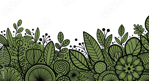 Lush bottom border of stylized green leaves and abstract floral shapes with bold black outlines against a crisp and clean white background space.