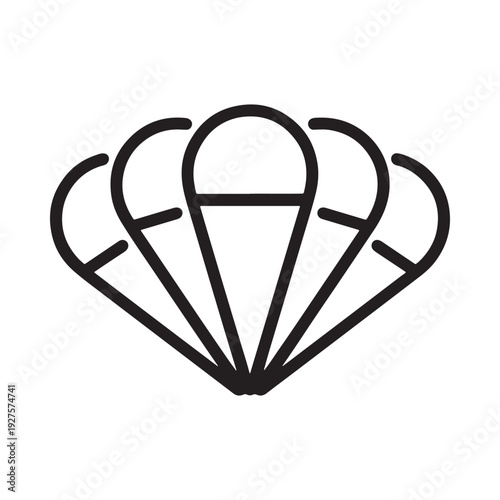 A simple black and white line drawing depicts a parachute viewed from above and slightly angled