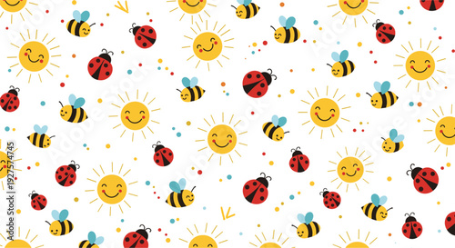 Cheerful seamless pattern for children featuring smiling suns busy honeybees and cute ladybugs scattered on a bright and clean white background.