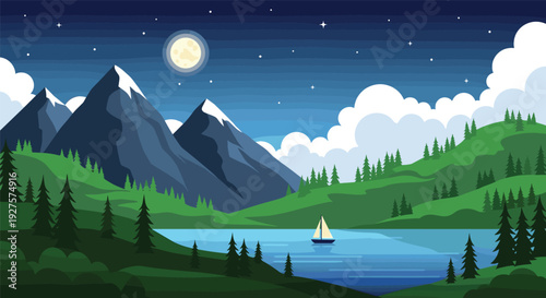 Scenic pixel art landscape of a calm lake at night with snowy mountains tall evergreen trees a small sailboat and a bright glowing full moon.