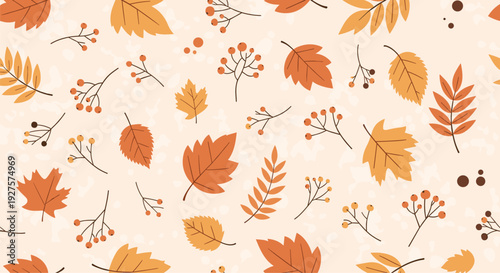 Warm autumn seamless pattern featuring various falling leaves and clusters of rowan berries in shades of orange brown gold and forest yellow.