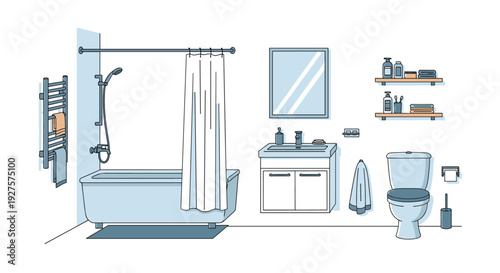 Detailed illustration of a modern bathroom interior featuring a white bathtub with shower curtain sink vanity toilet and wooden shelving units.