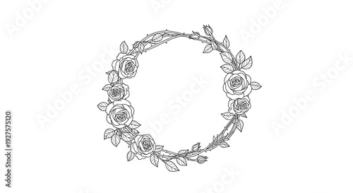 Elegant circular wreath of hand drawn roses and thorny stems in black and white line art for a classic decorative element on wedding invites.