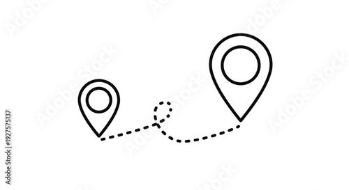 Simple icon of two black map pins connected by a curved dotted path representing a travel route or the distance between two specific places.