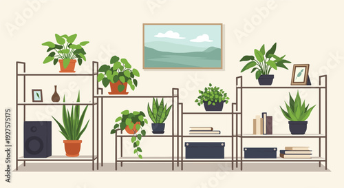 Cozy indoor garden scene featuring various potted house plants arranged on tiered wooden shelves with a framed landscape painting on the wall.