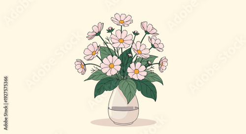 Delicate bouquet of pink cosmos flowers with yellow centers arranged in a simple glass vase on a soft pale yellow background for spring cards.