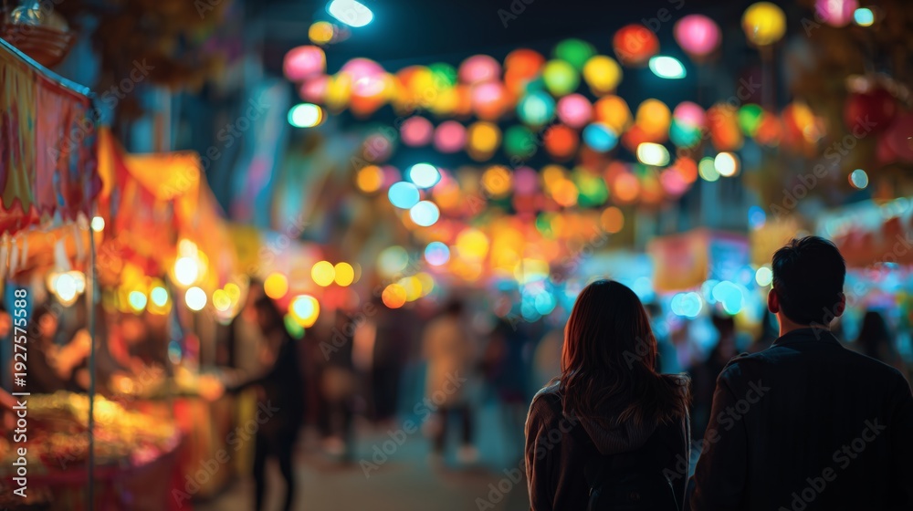 Fototapeta premium Crowds enjoy vibrant festival lights on a lively night at the street market full of colors and activities