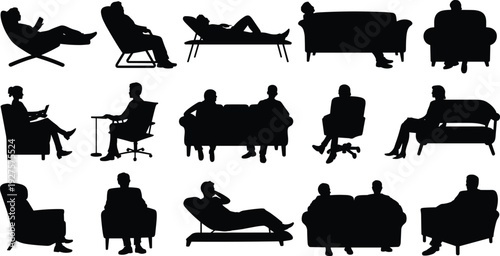 People sitting on sofa and armchair silhouettes set, relaxing men and women black vector illustration isolated on white background