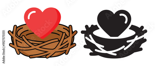 Heart in nest and heart in nest silhouette illustration
