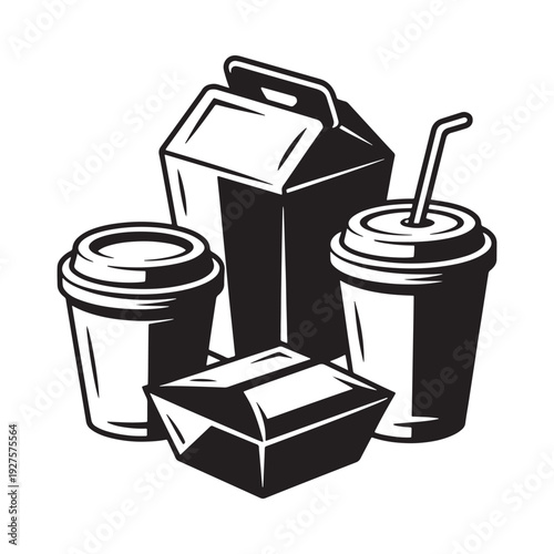 A black and white illustration depicts takeout containers a soda and food boxes stacked together high quality