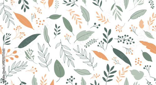 Delicate seamless pattern of diverse leaves and small berries in muted shades of green and orange on a clean white background for eco designs.