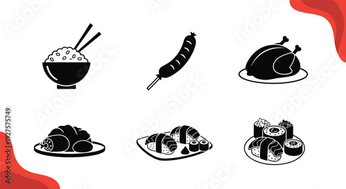 Collection of various food icons including sushi, roasted chicken, sausage, and a bowl of rice with chopsticks on a white background.