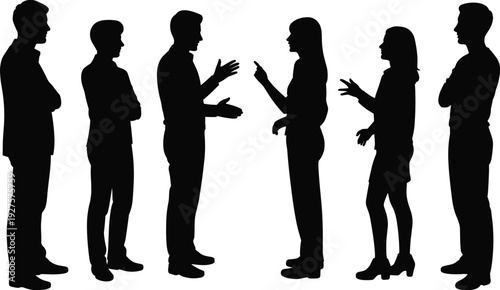 People talking silhouettes in discussion poses, men and women black vector illustration isolated on white background communication concept