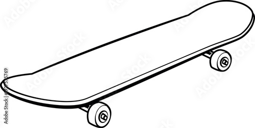 Vector outline of a blank skateboard from an angled perspective. Black and white line art. Perfect for streetwear branding, skate shop logos, and deck design mockups.