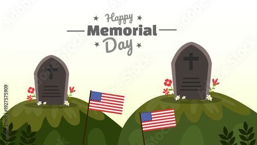 Two tombstones on green hills with flags for memorial day celebration banner