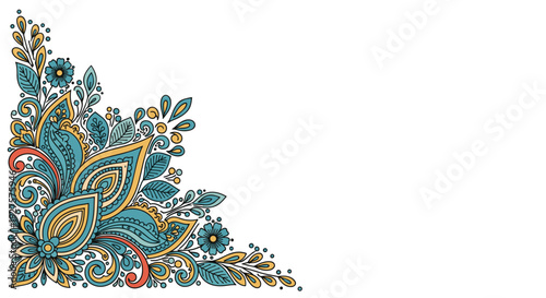 Ornate paisley corner ornament with intricate floral details and a vibrant color palette of teal, orange, and blue.
