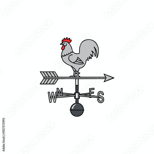 Creative Illustration of a Rooster Standing on a Vintage Weather Vane with Compass Directions