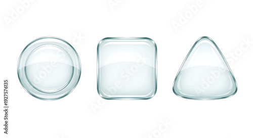 Collection of three glossy, transparent buttons: circle, rounded square, and triangle, isolated on a white background, representing UI elements or abstract shapes.