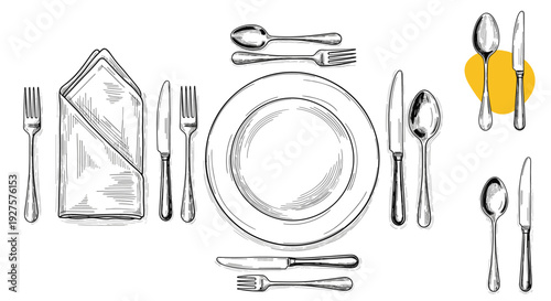 Detailed vintage style engraving of a formal table place setting including plates, cutlery, and a folded napkin.