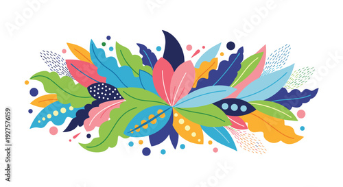 Vibrant abstract bouquet of various tropical leaves in bright shades of blue, green, pink, and yellow with decorative patterns.