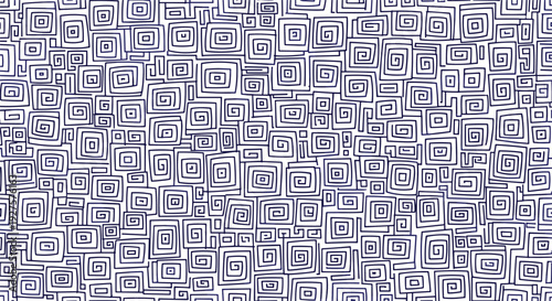 Hand drawn seamless pattern of varying sized blue square spirals on a white background creating a maze-like texture.