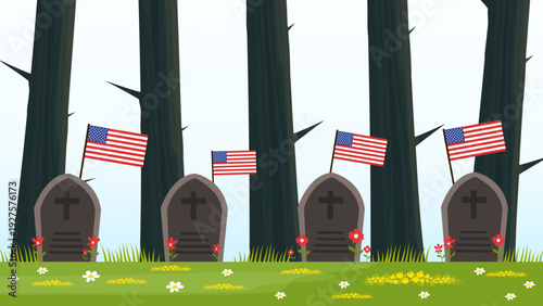Rows of military graves in a forest for memorial day remembrance banner