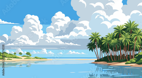 Beautiful tropical island landscape vector illustration with palm trees and ocean