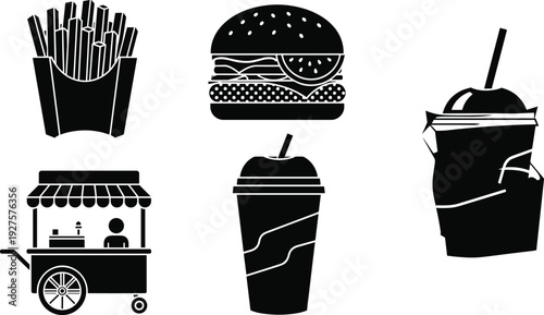 Fast Food Silhouette Icon Set with Burger French Fries Soda Cup and Street Food Vending Cart Vector Illustration by flavector