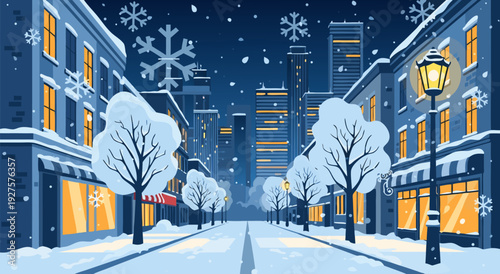 Winter street scene vector illustration with falling snow and city buildings