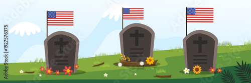 memorial day banner with three gravestones and flags on green hills background