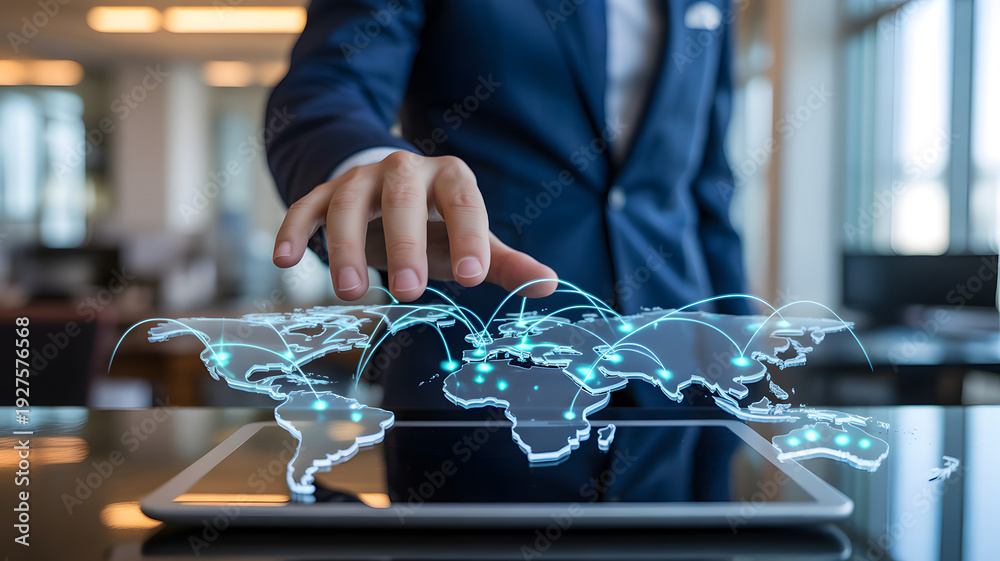 Obraz premium A business professional in a suit touches an illuminated virtual world map showing global network connections projected from a tablet in a modern office This symbolizes worldwide c