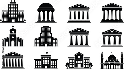 Building and landmark silhouettes icon set, government bank church school mosque architecture vector collection