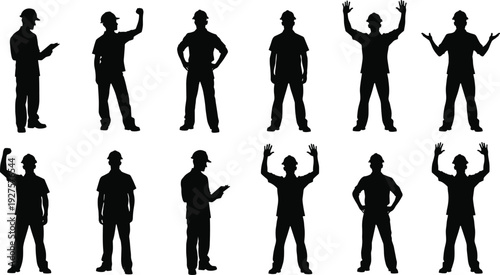 Construction worker silhouette set, industrial laborer poses with helmet isolated vector illustration collection on white background
