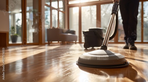 Wallpaper Mural Worker cleans floor with a vacuum in a modern space during daylight hours, highlighting daily cleaning tasks in a residential area Torontodigital.ca