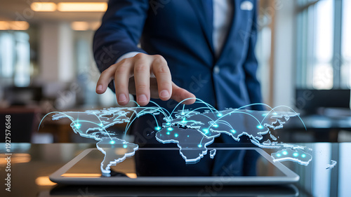 A business professional in a suit touches an illuminated virtual world map showing global network connections projected from a tablet in a modern office This symbolizes worldwide c