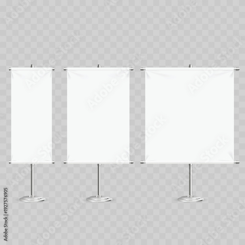 Realistic White Vertical Banner Stand Set. Vector Metal Trade Show Flag Templates in Various Sizes.