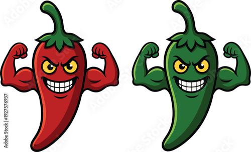 Strong red and green chili pepper mascot characters flexing muscles, spicy cartoon vector illustration isolated