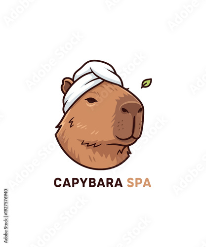 Cute cartoon capybara in spa headband relaxing at wellness center with leaf