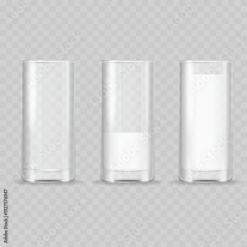 Realistic Glass of Milk Mockup Set. Vector Empty, Half-Full and Full Highball Cups with Dairy Drink.
