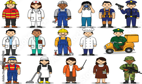 Various profession cartoon characters set, worker occupation people collection vector illustration isolated background