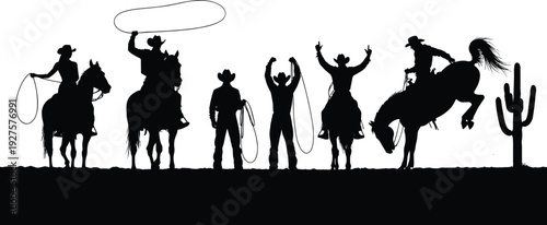 Western cowboy rodeo silhouette scene, horse riders with lasso in desert landscape isolated vector illustration background