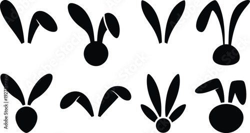Rabbit ears silhouette collection set, black bunny head and ear icons isolated on white background for Easter design