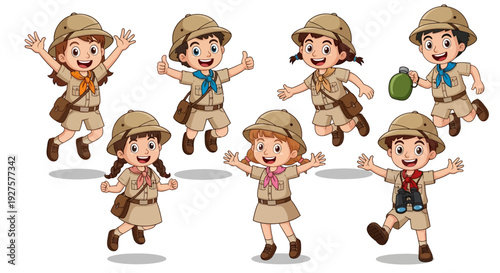 Group of happy cartoon children dressed as explorers or safari adventurers wearing pith helmets