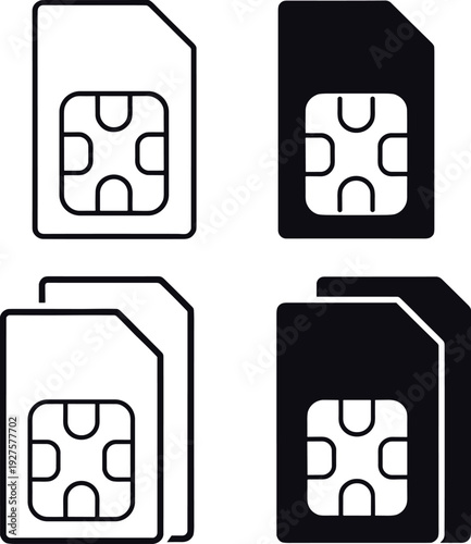 Set of SIM card vector icons featuring single and dual chip designs in both line and solid styles for mobile cellular connectivity and telecommunication