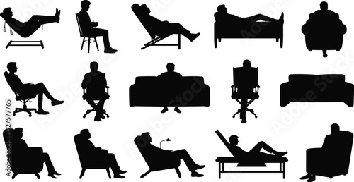 Relaxing man sitting on sofa and armchair silhouettes set, leisure poses black vector illustration isolated on white background