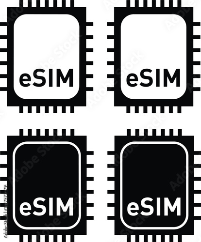 eSIM chip icon set isolated on white background, embedded SIM technology symbols, digital mobile network connectivity and wireless telecommunications concept illustration