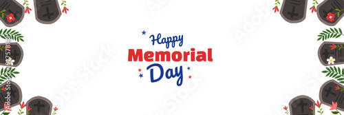 memorial day banner with border of gravestones and flowers on white background